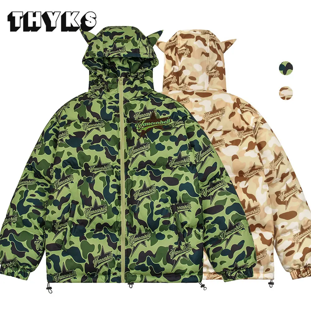 Camouflage Hooded Puffer Jacket Women Hip Hop Devil Horns Parka Men Embroidered Winter Coat Thick Warm Windbreaker Outwear 2022