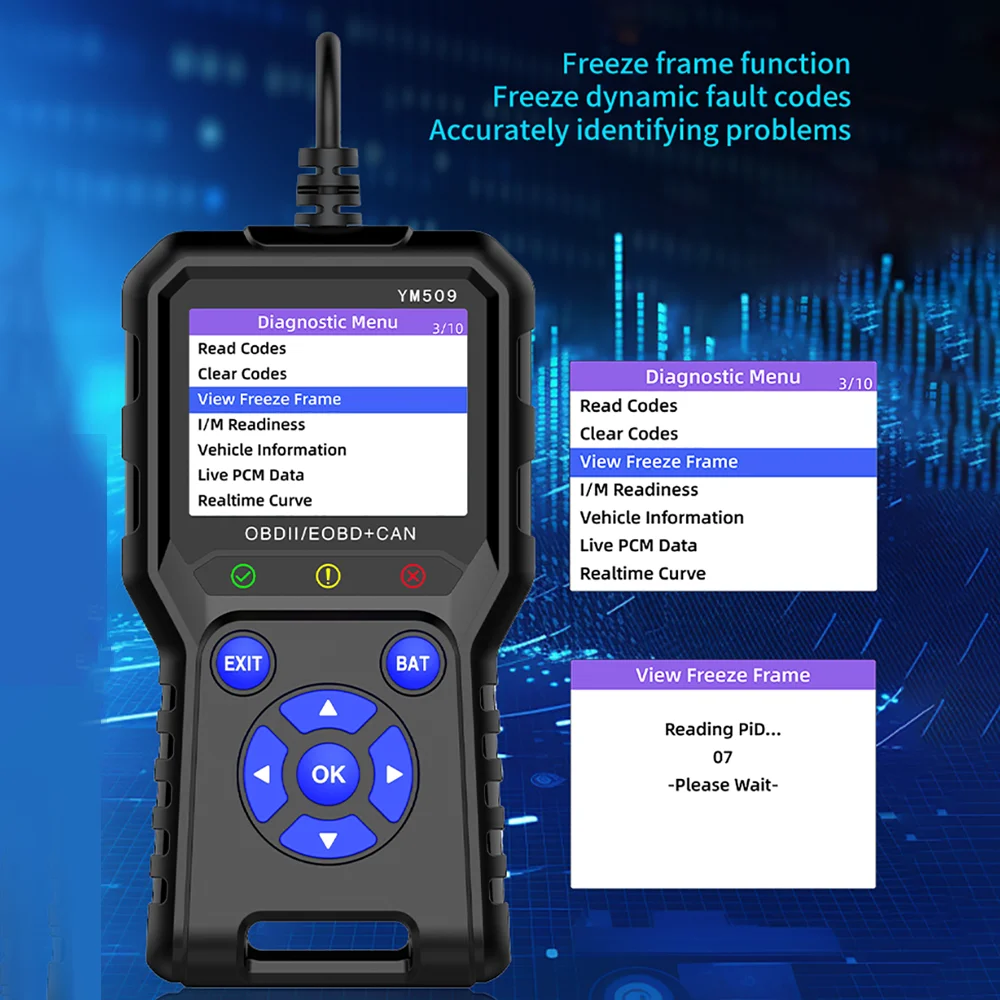 Фото Автосканер YM509 OBD для диагностики автомобилей, проверки состояния двигателя, сбора данных, инструмент для диагностики неисправностей, тестирование автомобилей, ELM327 №3