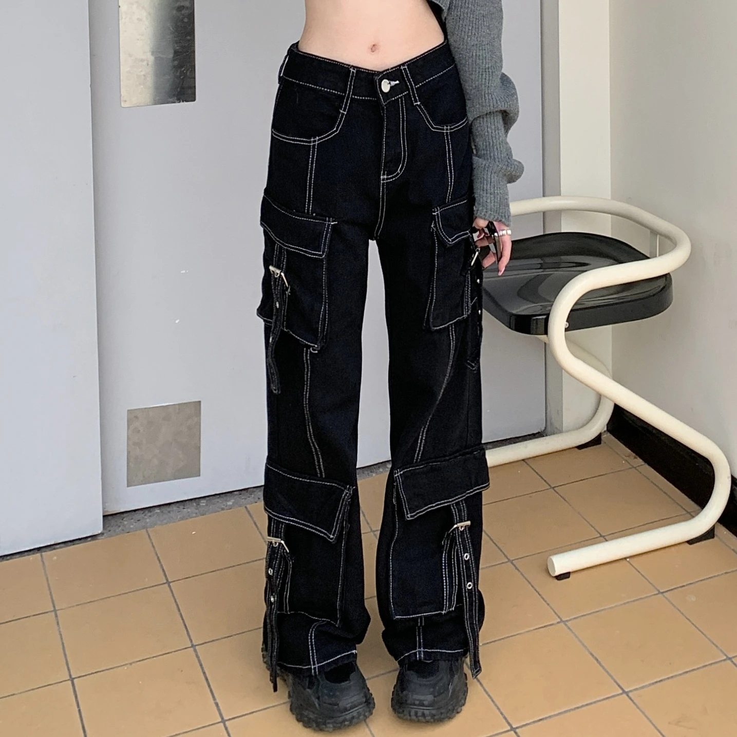 Workwear Jeans Women Multi Pocket Loose Straight Leg Casual Wide Leg Pants American Retro