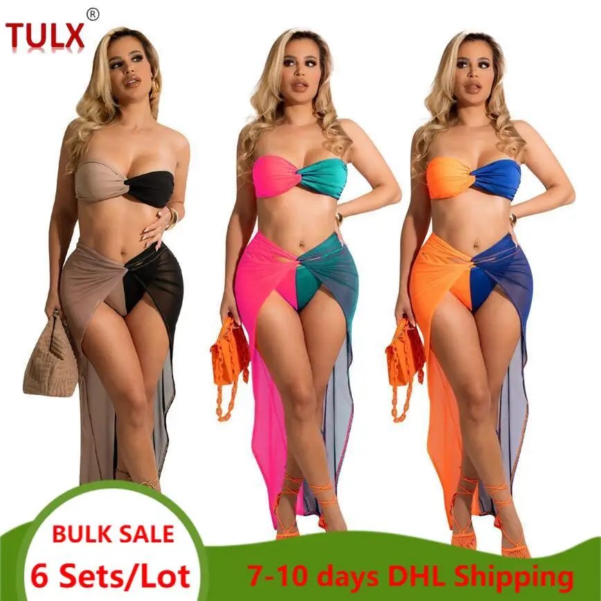 

Wholesale Items for Business Beach Outfits for Women 3pcs Mesh Dress Sets Swimwear Patchwork Strapless+Bikini+Long Skirt 7526