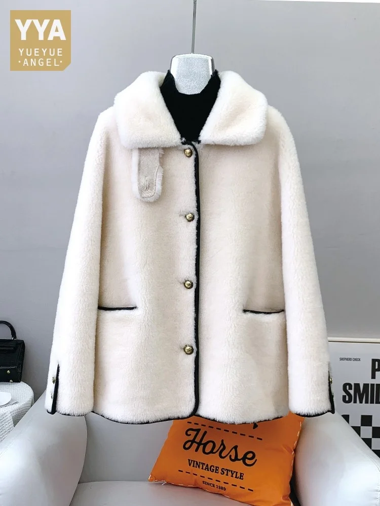 

Women Winter Warm Sheep Vintage Shearling Real Fur Jacket Single Breasted Stand Collar Lambswool Coat Lady Casual Wool Overcoat