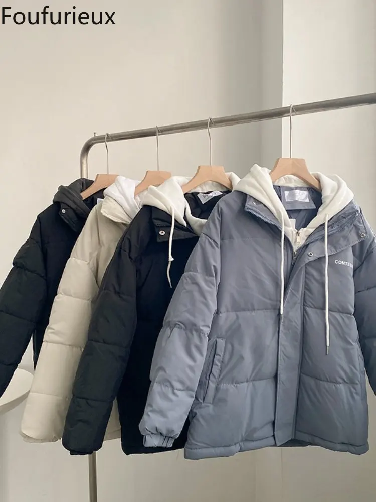

Foufurieux Men Fleece Harajuku Warm Parkas 2022 Mens Korean Fashion Streetwear Winter Jacket Japanese Style Vintage Bubble Coat