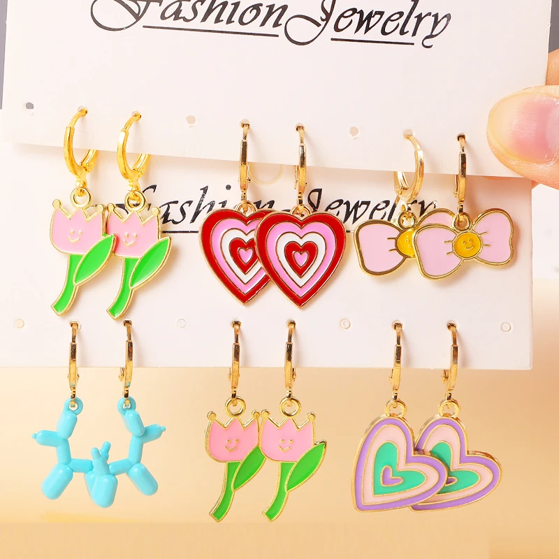 

3 Pairs/Set Korean Fashion Cute Enamel Tulip Balloon Dog Heart Bowknot Pendants Earrings New Y2k Drop Earrings Jewelry For Girls