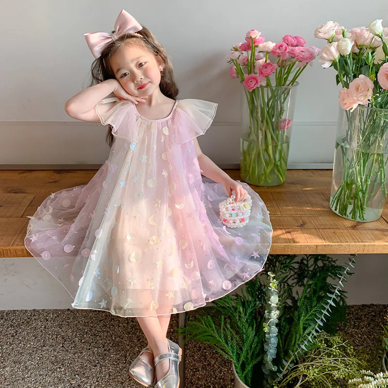 

Children's Clothing 2023 New Baby Summer Dress For Girls Gradient Petal Sleeve Princess Dress