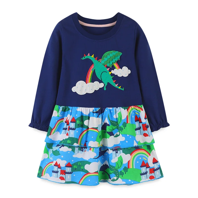

Girls' Autumn Dress Long Sleeve Cartoon Embroidery Round Necked Princess Dress Girls' Autumn Children's Wear Casual Style 2-7Y
