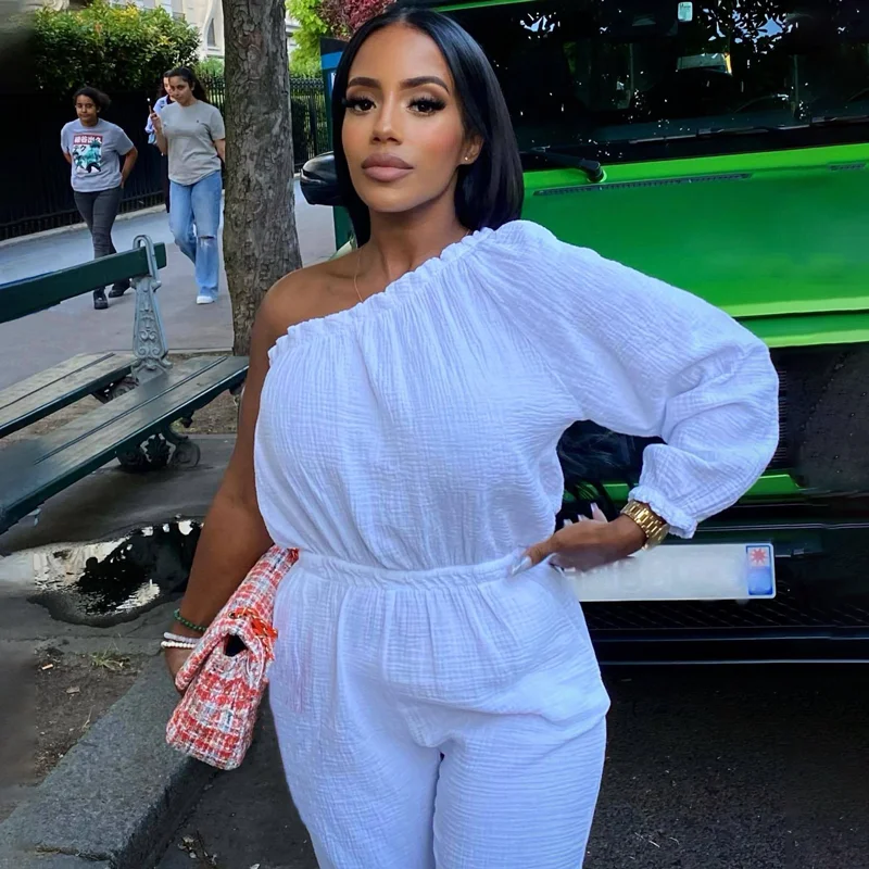 2022 Summer Solid One Shoulder Casual Loose Ladies Jumpsuit Commuter Outdoor Women Clothes