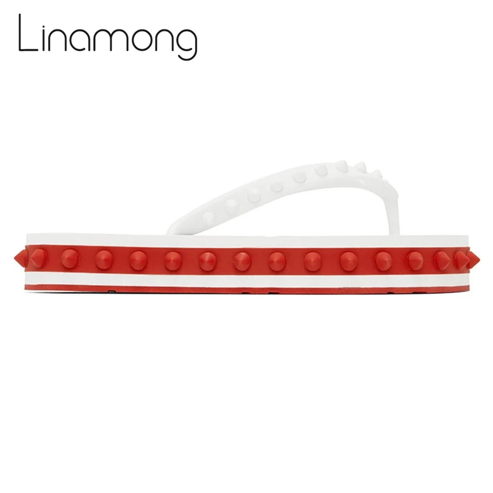 Rivet Beach Flip Flops Rubber Slip-On Flat Sandals Red and White Platform Slippers for Women Designer Fashion Summer Flat Shoes