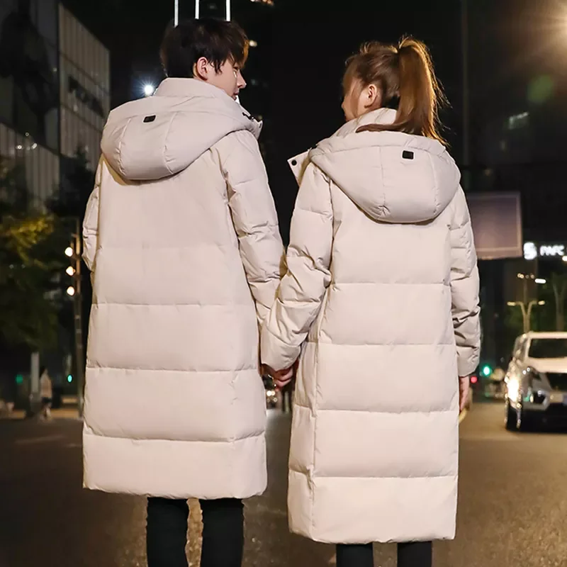 2022New Winter New Men's Long 90% White Duck Down Jacket Fashion Casual Thick and Warm Hooded Couple Coat Brand Beige Black