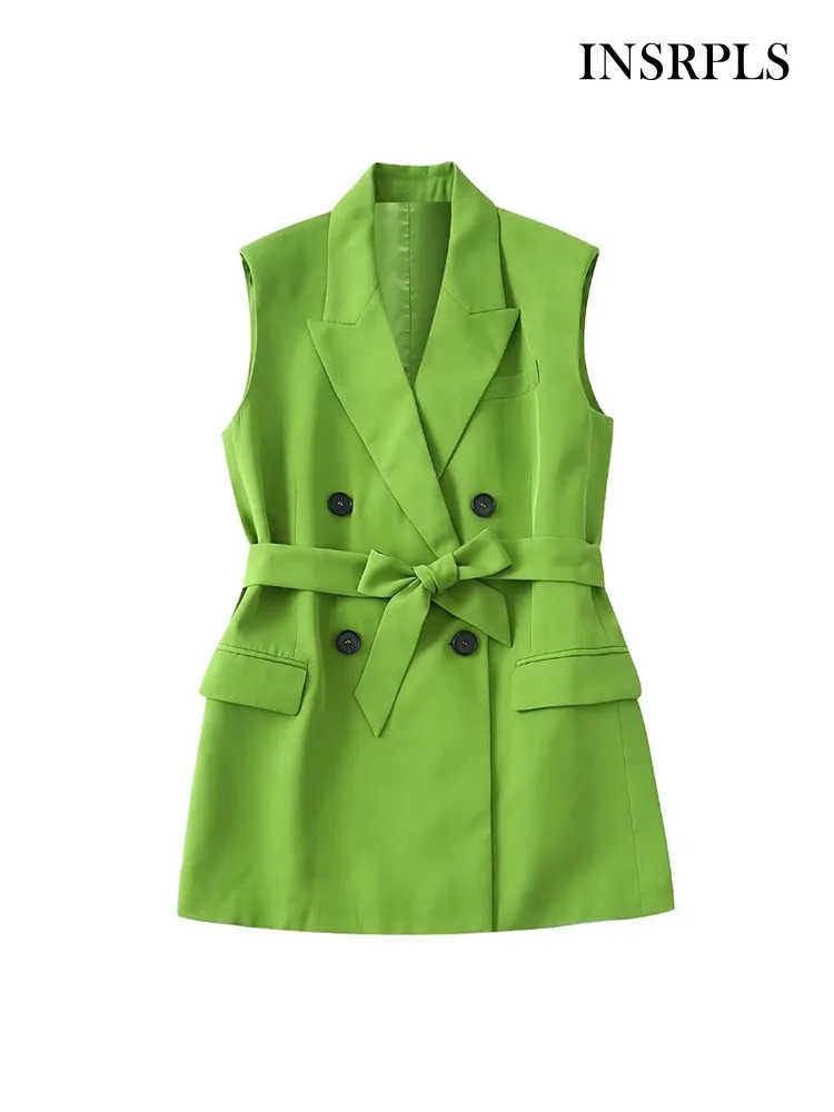 

INSRPLS Women Fashion With Belt Double Breasted Waistcoat Vintage Sleeveless Flap Pockets Female Outerwear Chic Tops