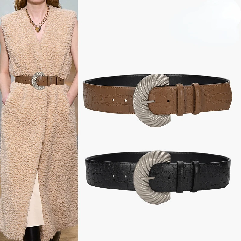 Vintage Iregular Buckle PIn Adjustable Cowskin Waist Belts for Women Genuine Leather Coat Dress Shirt Corset Belt Wide Cinture