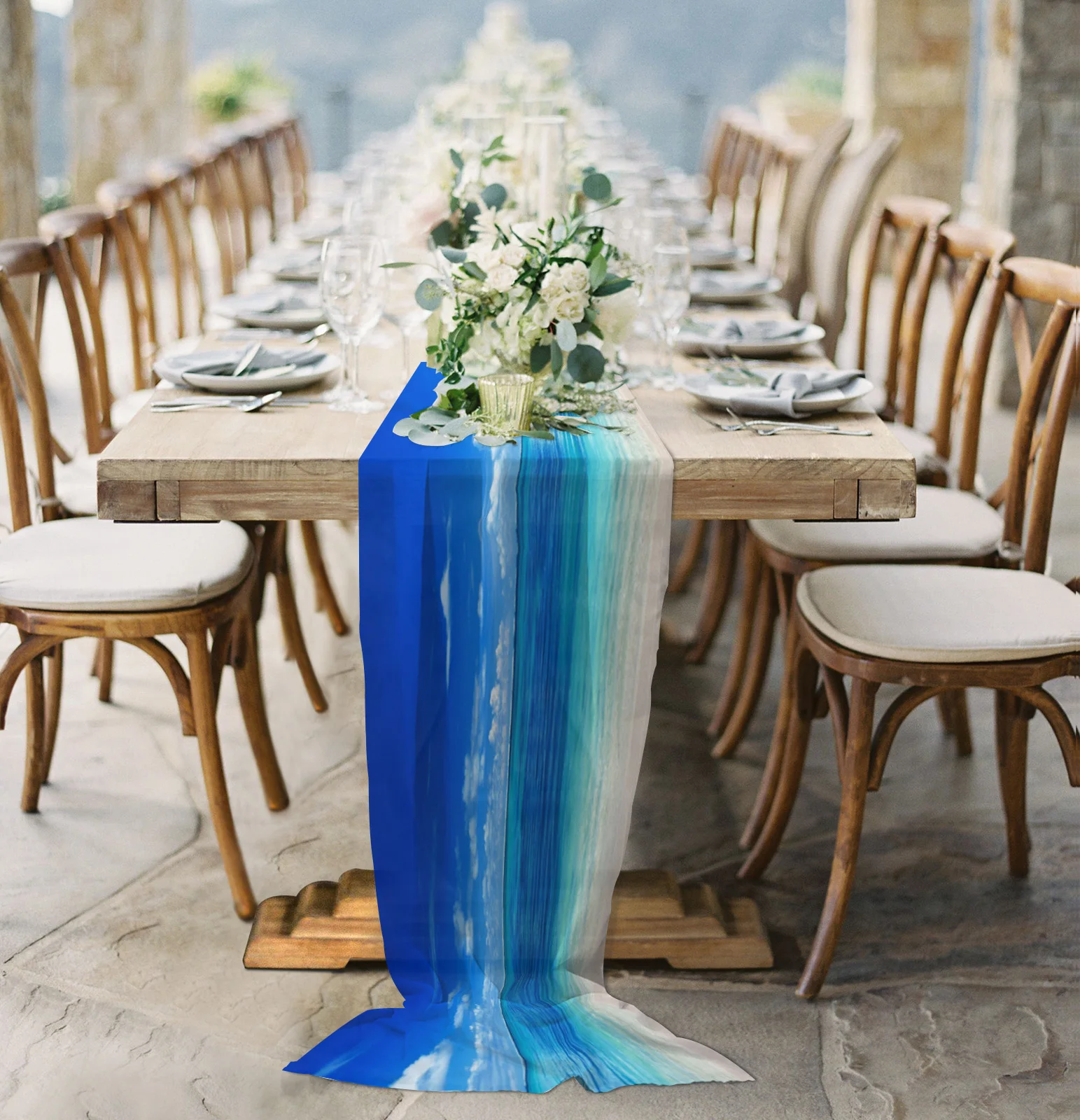 

Blue Piece Sea Sheer Chiffon Table Runner Wedding Party Birthday Luxury Voile Tablecloth Home Decoration