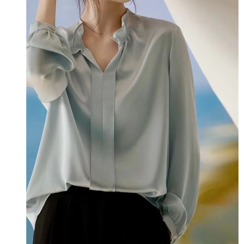 

2023 Spring Autumn New Satin French Niche Design Sense Chic Edge Collar Long Sleeve Shirt Top Female Camisas