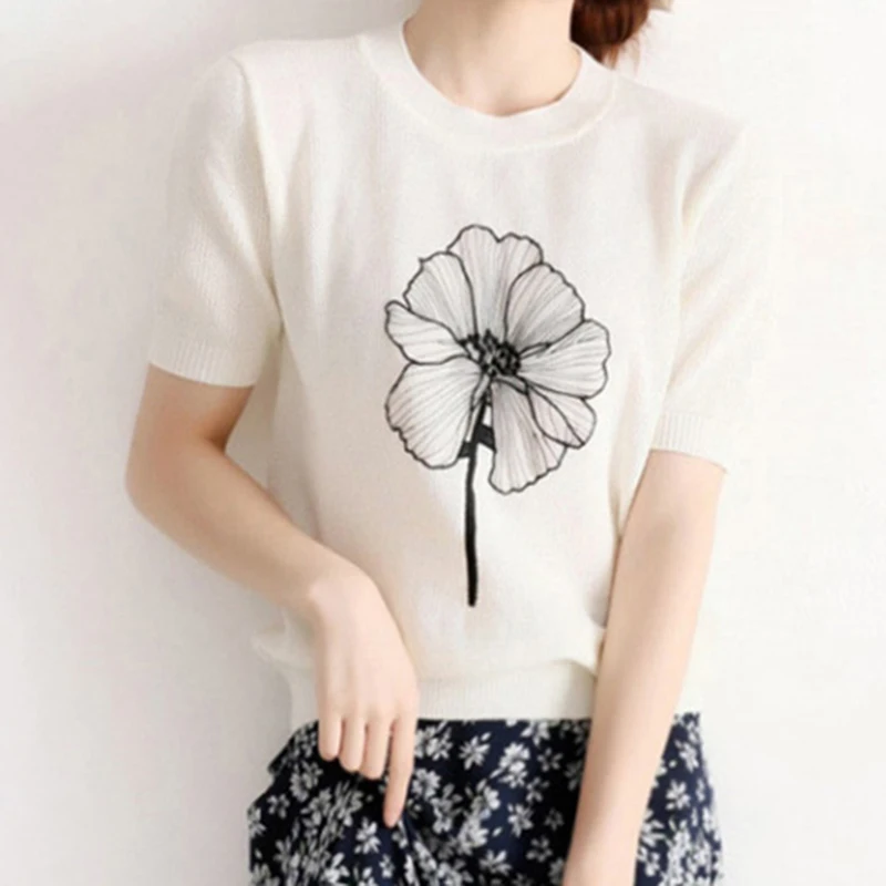 

Haut Femme Floral Print T Shirt Women Summer Short Sleeve Tees Fashion Clothes Woman 2022 Casual O-Neck Knit Womens Tshirt Tops