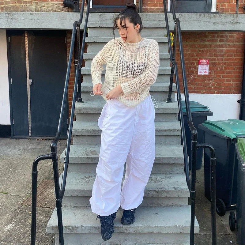 

Sweetown Casual Baggy Wide Leg Sweatpants White Loose Drawstring Low Waist Streetwear Cargo Pants Womens Hippie Joggers Trousers