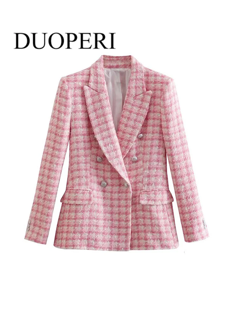 

DUOPERI Women Fashion Officewear Tweed Plaid Blazer Jacket Vintage Double Breasted Long Sleeve Female Outwear Outfits Mujer