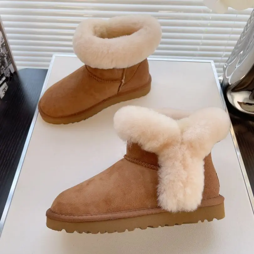 

New Top Sheepskin Winter Warm Women's Snow Ankle Flat Real Sheep Fur Leather Fashion Boot