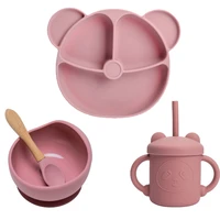 4pcs baby dining plate cartoon bear kids dishes feeding set bpa free childrens tableware soft silicone food plates straw cup