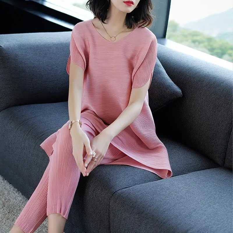 

Women 2022 Summer Casual Loose T-Shirts Pants Set Female 2 Pieces Elegant High Waist Pant Suits Fashion Solid Pleated Suits C60