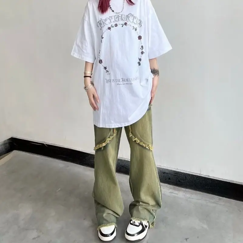 Spring and Autumn Fleece High Waist Jeans Women's Straight Loose Large Pockets Made of Old Floor Pants Wide Leg Pants Versatile