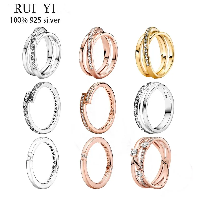 

2021 New100% S925 Silver Heart Wrong Circle Three-ring Ring Two-color Multi-ring Pendant Double-sided Pan Ring For Wowen