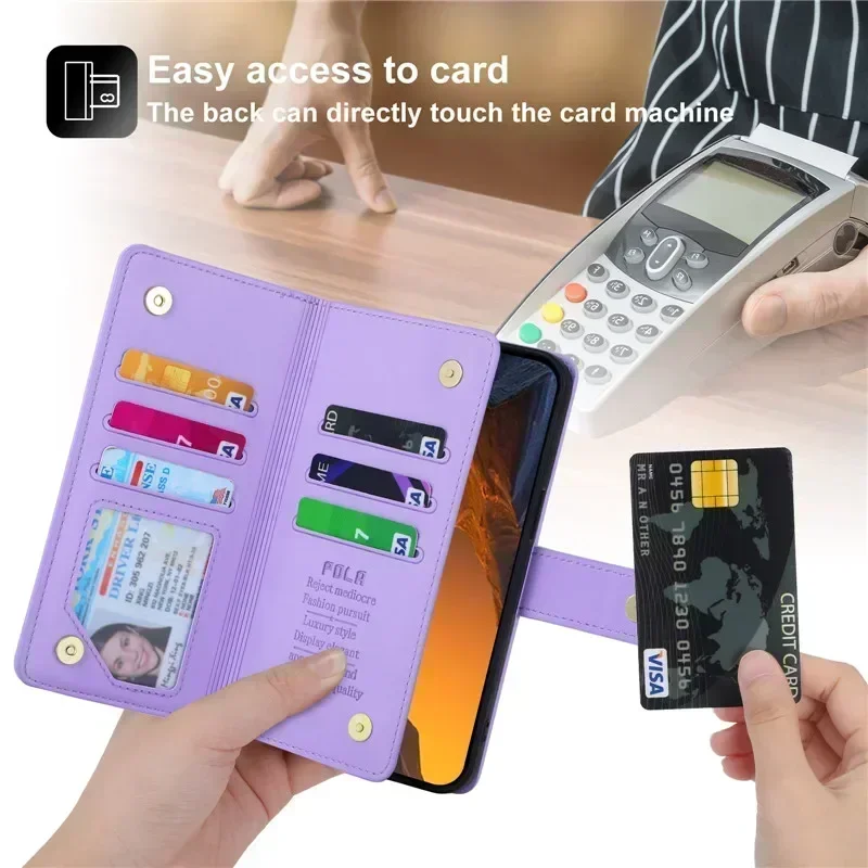 Флип-кошелек на молнии для Vivo Y200 Y100 Y93 Y91 Y83 Y78 Y78T Y77 Y76 Y75 Y73S Y70S мульти 9 карт кожаный