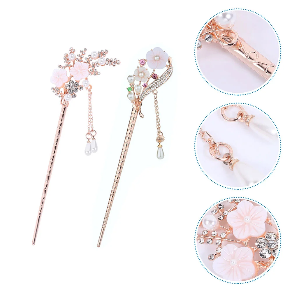 

2 Pcs Pearl Tassel Hairpin Sticks National Style Ethnic Vintage Accessories Flower Barrettes Thick Decor