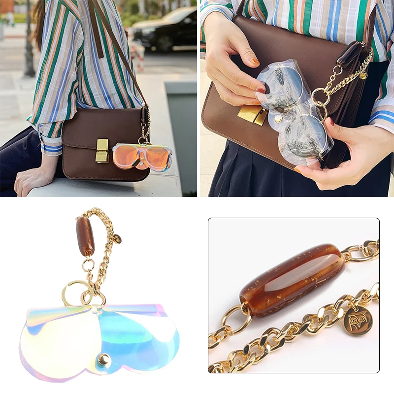 

2023 PVC Laser Eyeglasses Case With Metal Chain Ins Popular Cute Transparent Women Sunglasses Protection Cover Sun Glasses Bags