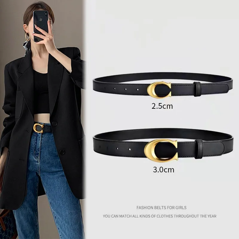 Women's Genuine Leather Jeans Belt Versatile Two Layer Cowhide Smooth Buckle Belt for Women Luxury Brand Designer Belt Waistband