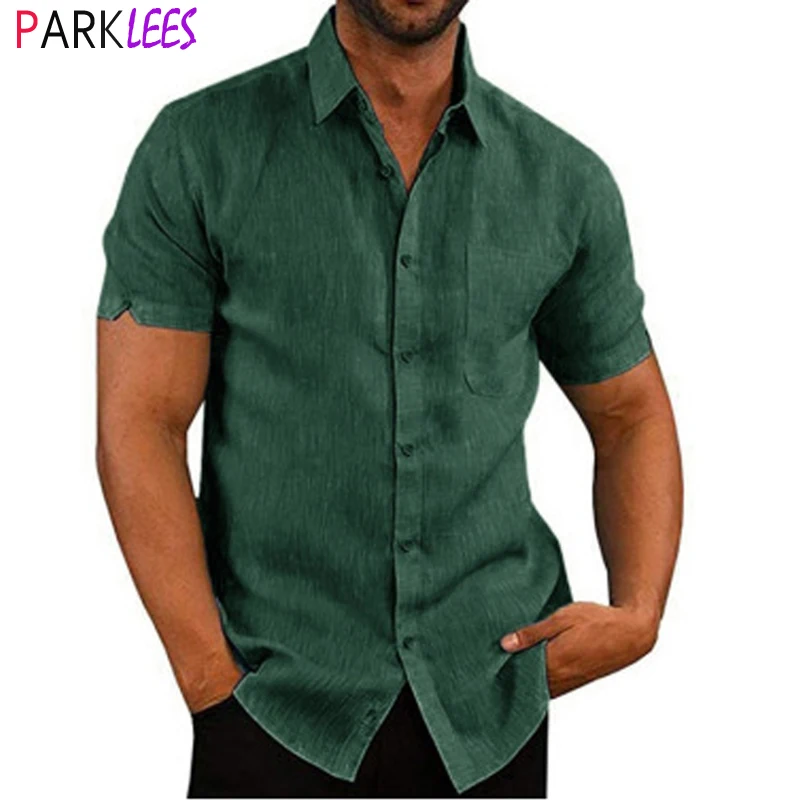 

Зеленая хлопковая льняная рубашка для мужчин, новинка 2023, брендовые рубашки с коротким рукавом на пуговицах, мужские повседневные пляжные хиппи повседневные летние рубашки, сорочка