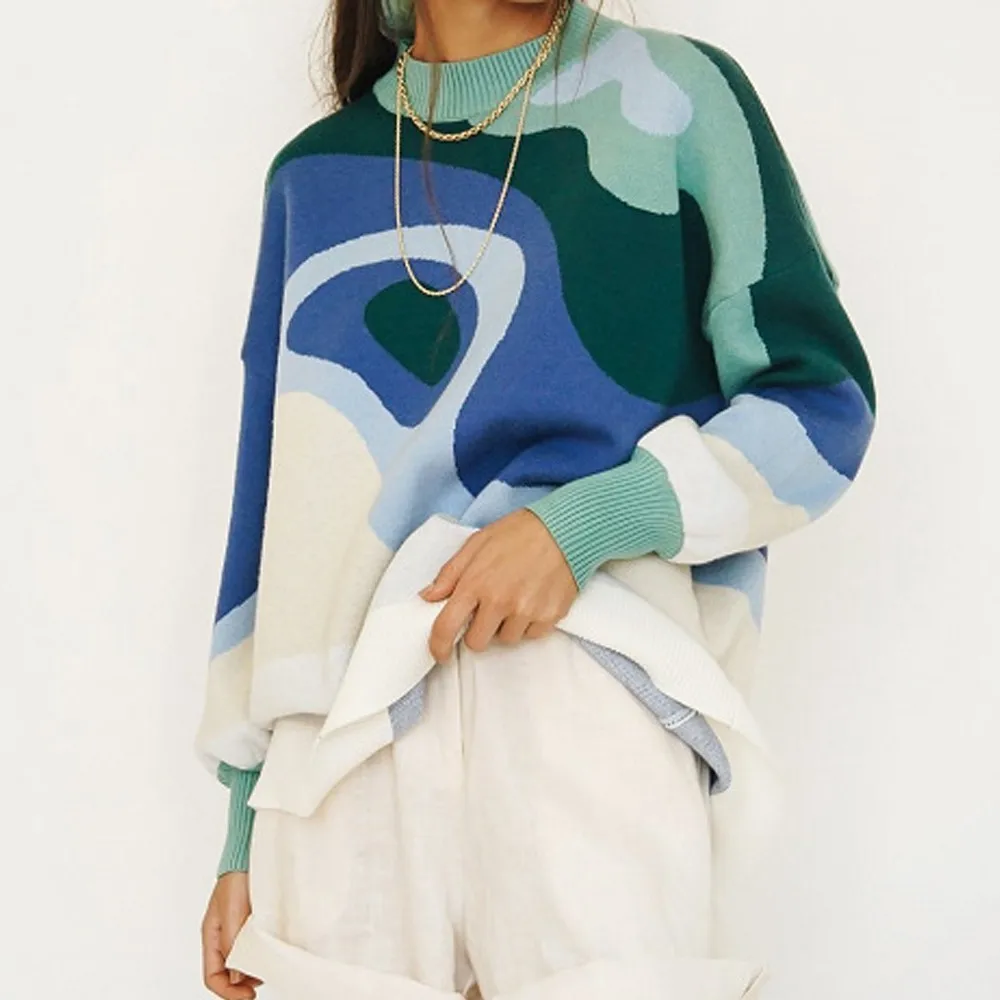 

Loose Long Jumper Vintage Pullovers Sweater Female Casual Y2K Sweater Korean Knitted Tops Winter O-Neck Sleeve Striped Vintage