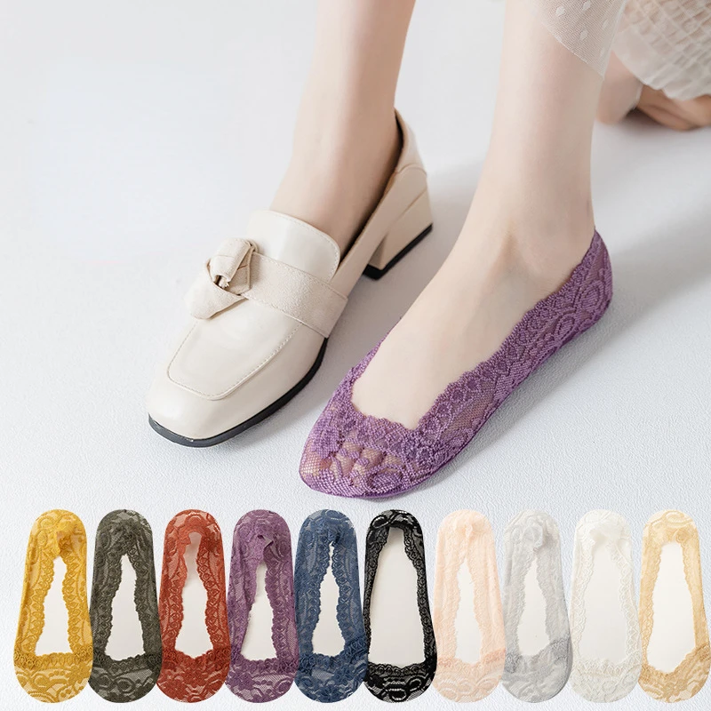1pairs Women Lace Socks Summer Silica Transparent Lace Boat Socks Girls Cotton Invisible Anti-slip Socks No Slip No Show Socks