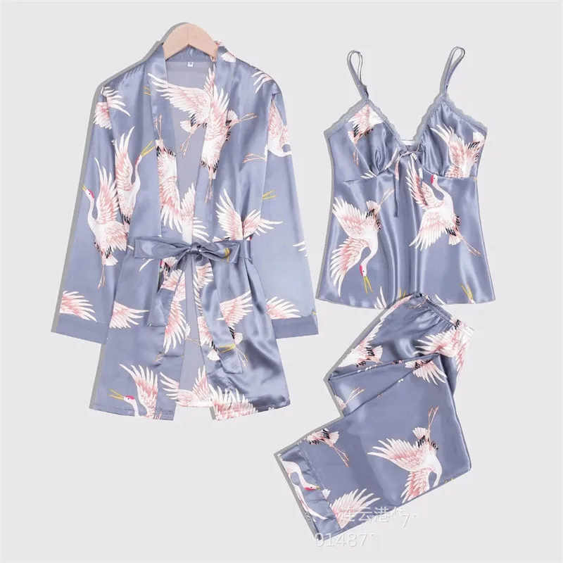 Women's Pajamas Suit Full Sleeve Belt Robe Vest Pants 3Piece/Set Sexy Cartoon Print Pyjama Cute Homewear Cozy Fashion Sleepwear