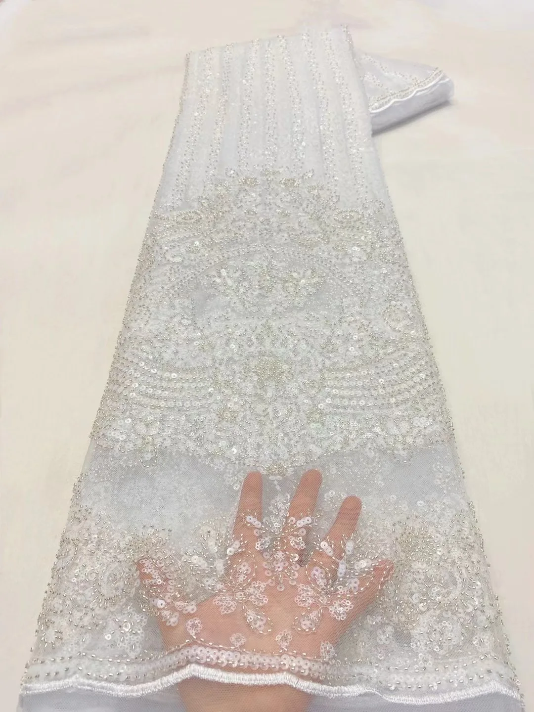 

Luxury White Heavy Beaded Embroidery 5Yards DIY Bride Gown Tulle Lace Fabric For Wedding Dress Africa French Sequins Lace Fabric
