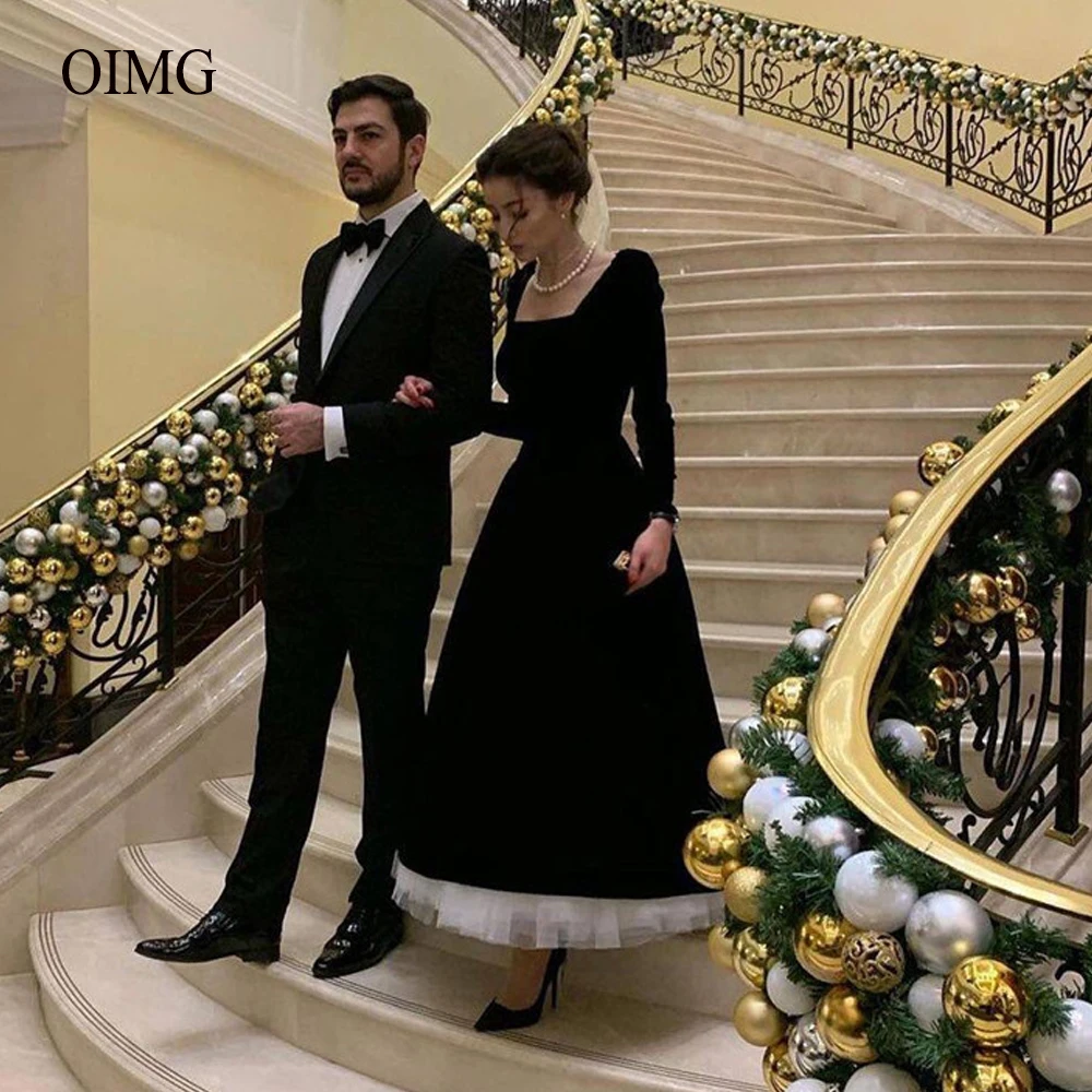 

OIMG Modest Simple Black Velvet Evening Dresses Long Sleeves Square Neck White Tulle Hem Classic Women Formal Prom Party Gowns