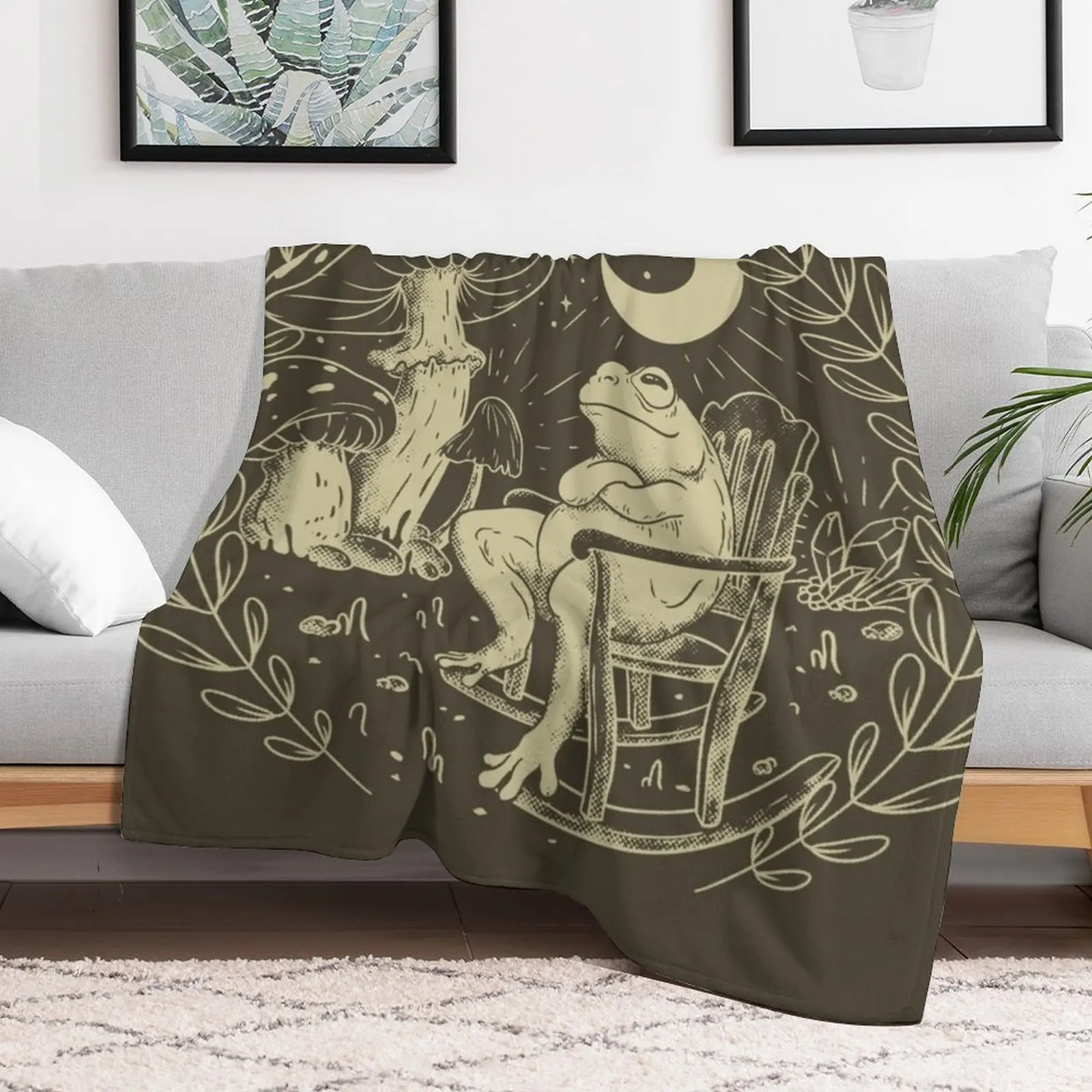 Goblincore Aesthetic Cottagecore Frog Chilling - Хаки waiting for grzyb to grow Mycology Fungi Shrooms Fo Throw Blanket