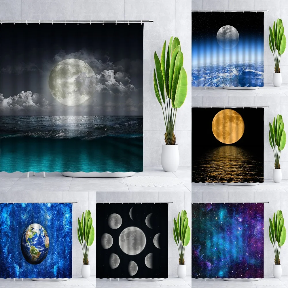 

Ocean Shower Curtain Full Moon Sky Dreamy Clouds Stars Seascape Planet Fabric Bath Curtains Bathroom Home Decor Polyester Cloth