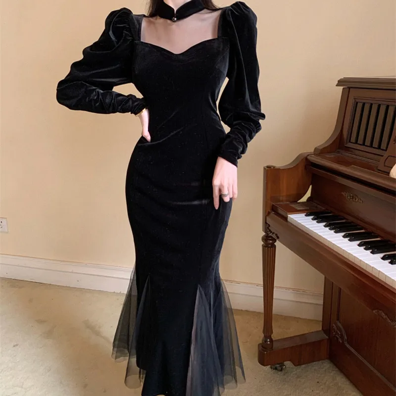 

EACHIN Women Spring Summer Mesh Spliced Vintage Black Dress Female Fashion Bodycon Dress Woman Long Sleeve Slim Party Club Dress