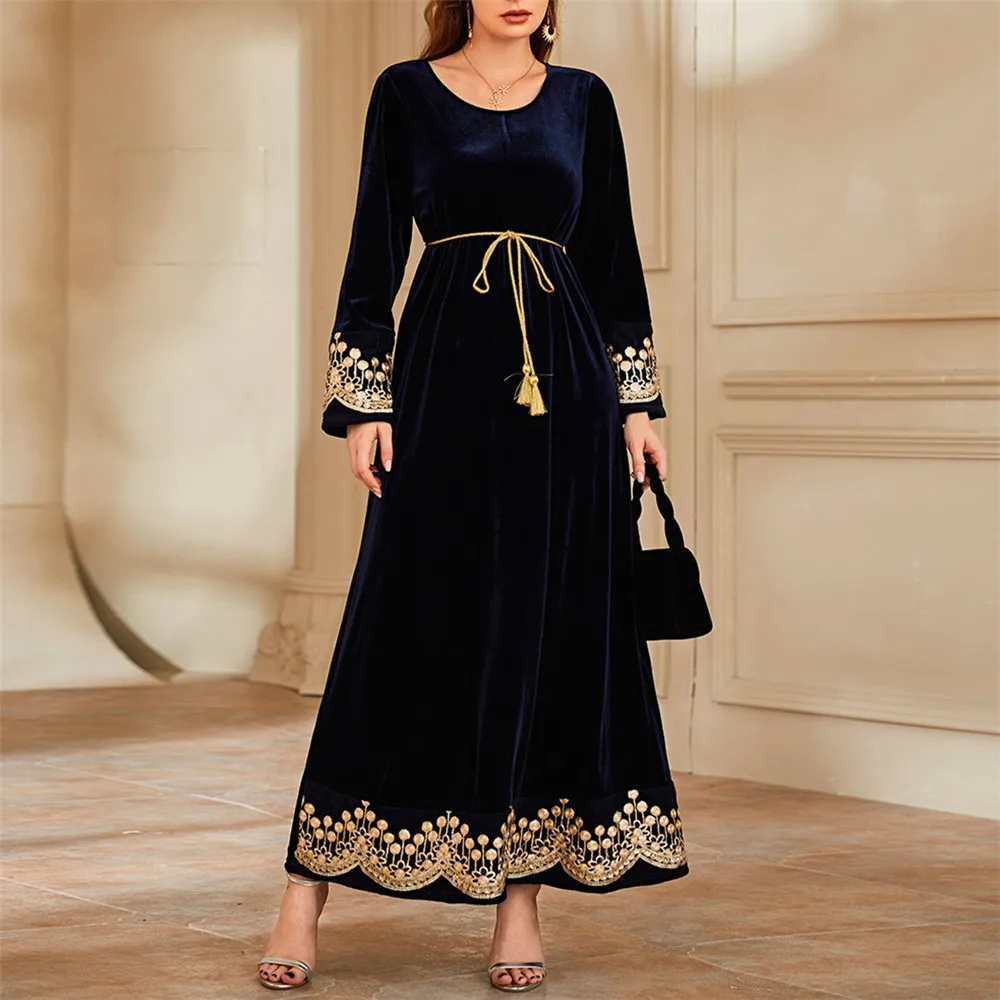 

Women Fashion Dress Casual Mid-eastern Style Pullover Round Neck Printing Floral Edge Patchwork Spring Dress For Ladies 2022