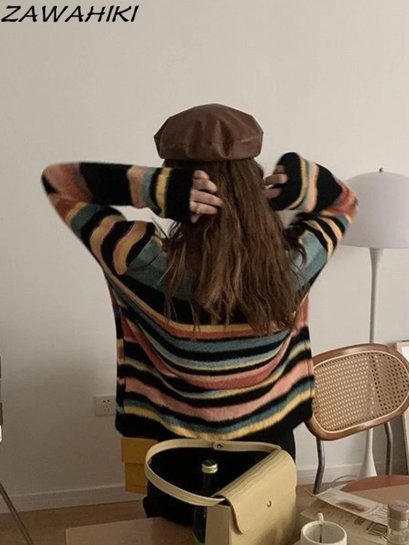 

Винтажный кардиган в радужную полоску, женский свитер, джемпер на пуговицах, вязаный теплый женский свитер с V-образным вырезом, элегантный ...