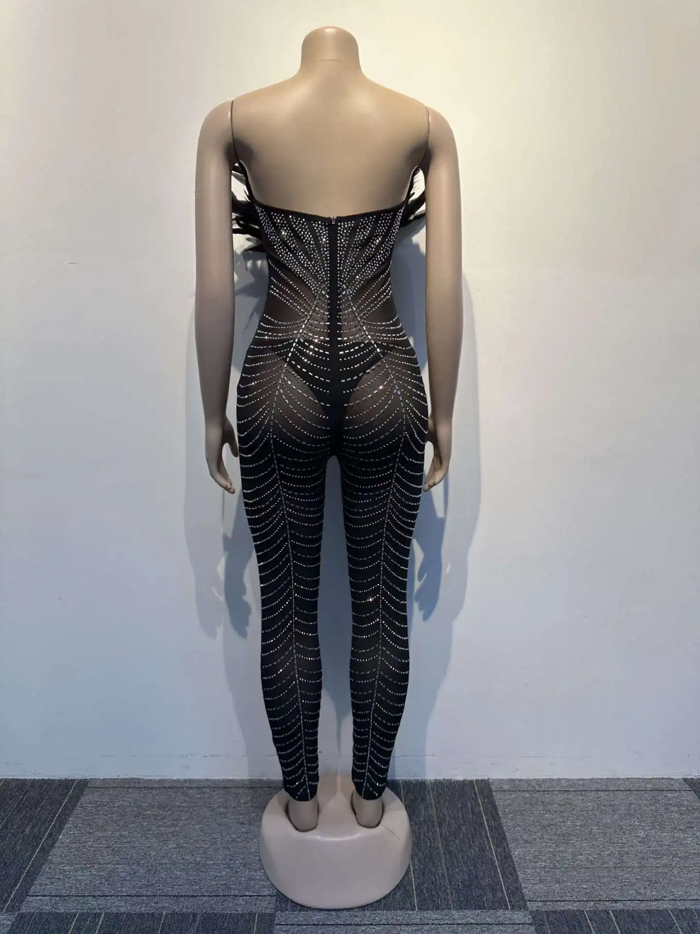 Rhinestone Feather Jumpsuits Black Mesh Sexy Bodysuit 2023 Women Summer One Piece Jumpsuit Club Party Elegant Bodycon Playsuit