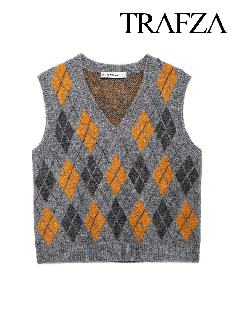 TRAFZA женский новый модный жаккардовый вязаный жилет с v-образным вырезом и