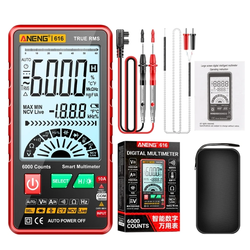 

TRMS Auto Ranging Multimeter NCV Detector for Voltage Current Resistance Live Wire Testing LCD Screen Instrument Tester