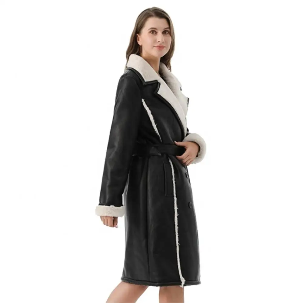 Women Winter Real Suede Slim Long Cardigan Coat Warm double-breasted v-neck With Belt Windbreaker Lining Real Lambs Jacket