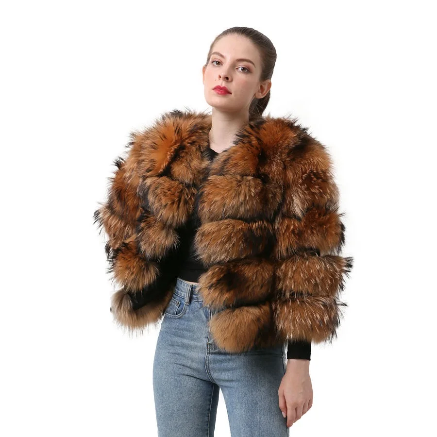 Women Fashion Solid Fur Short Coat Natural Raccoon Fur Jacket Ladies Thicken Warm Fur Overcoat Winter Cold-Resistant Simple