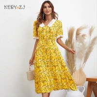 keby zj summer sweet girl elegant dresses female print v neck yellow short sleeve casual long dress woman clothes party dress