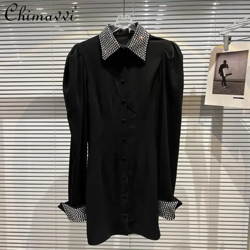 

2022 Spring New Heavy Rhinestone Collar Mid-Length Shirt Fashionable Temperamental All-Match Long Sleeve Blouse for Women