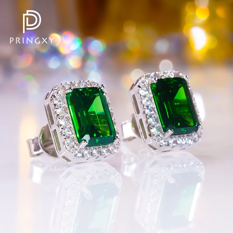 

PRINGXY Sterling Silver Retro Emerald Green Square Diamond Earrings Light Luxury Fashion Retro Temperament