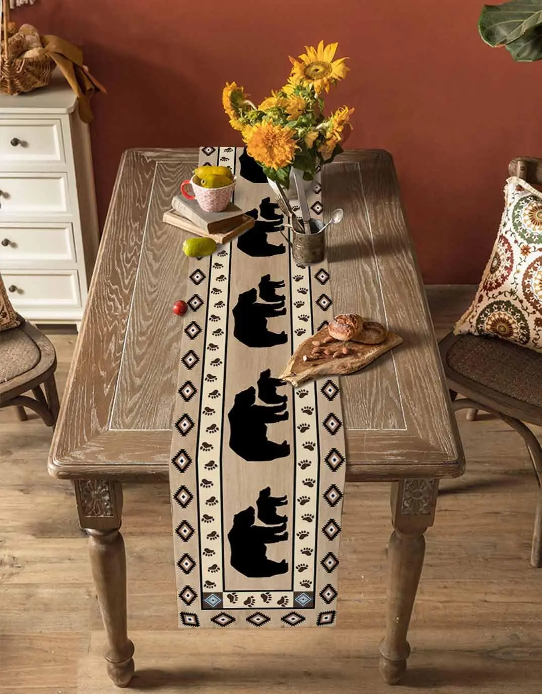Boho niedźwiedź łapa lniany bieżnik na stół komoda szaliki południowy zachodni geometryczny kuchnia jadalnia dekoracje świąteczne