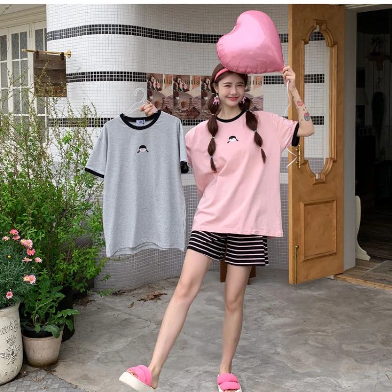 Women's Pajamas Summer Thin Section Cotton Loose Home Service Suitwith Round Neck Comfortable and Cute Literary Style Sleepwear