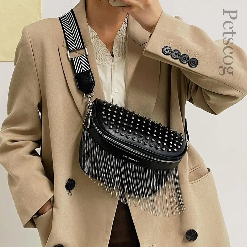 

Luxury Woman Chest Bag Fashion Tassel Leather Large Capacity Crossbody Chest Bag Women Waist Bag Casual Rivet Design Travel Pack
